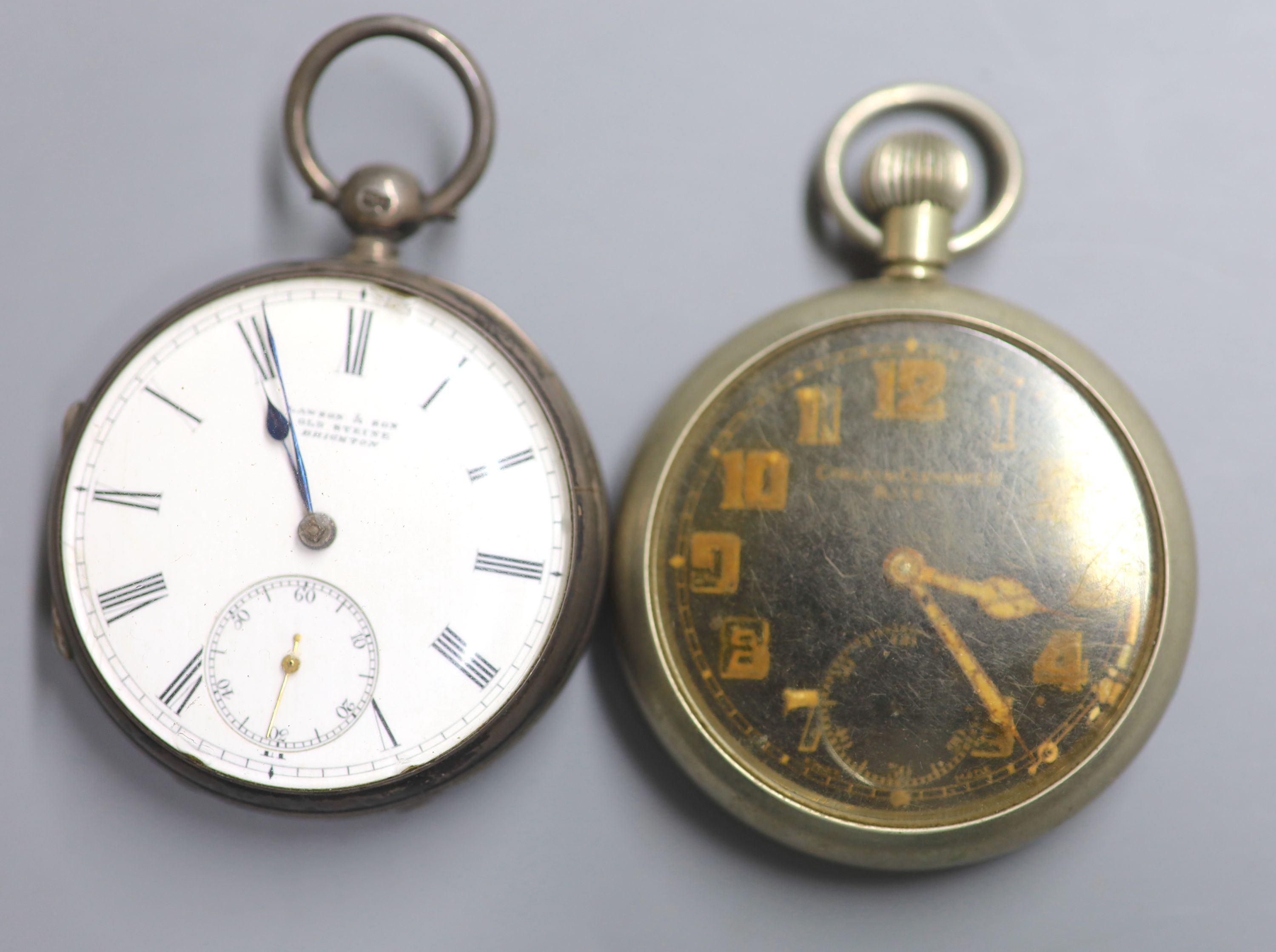 A late Victorian silver open faced keywind pocket watch by Lawson & Son, Old Steyne, Brighton and one other pocket watch.